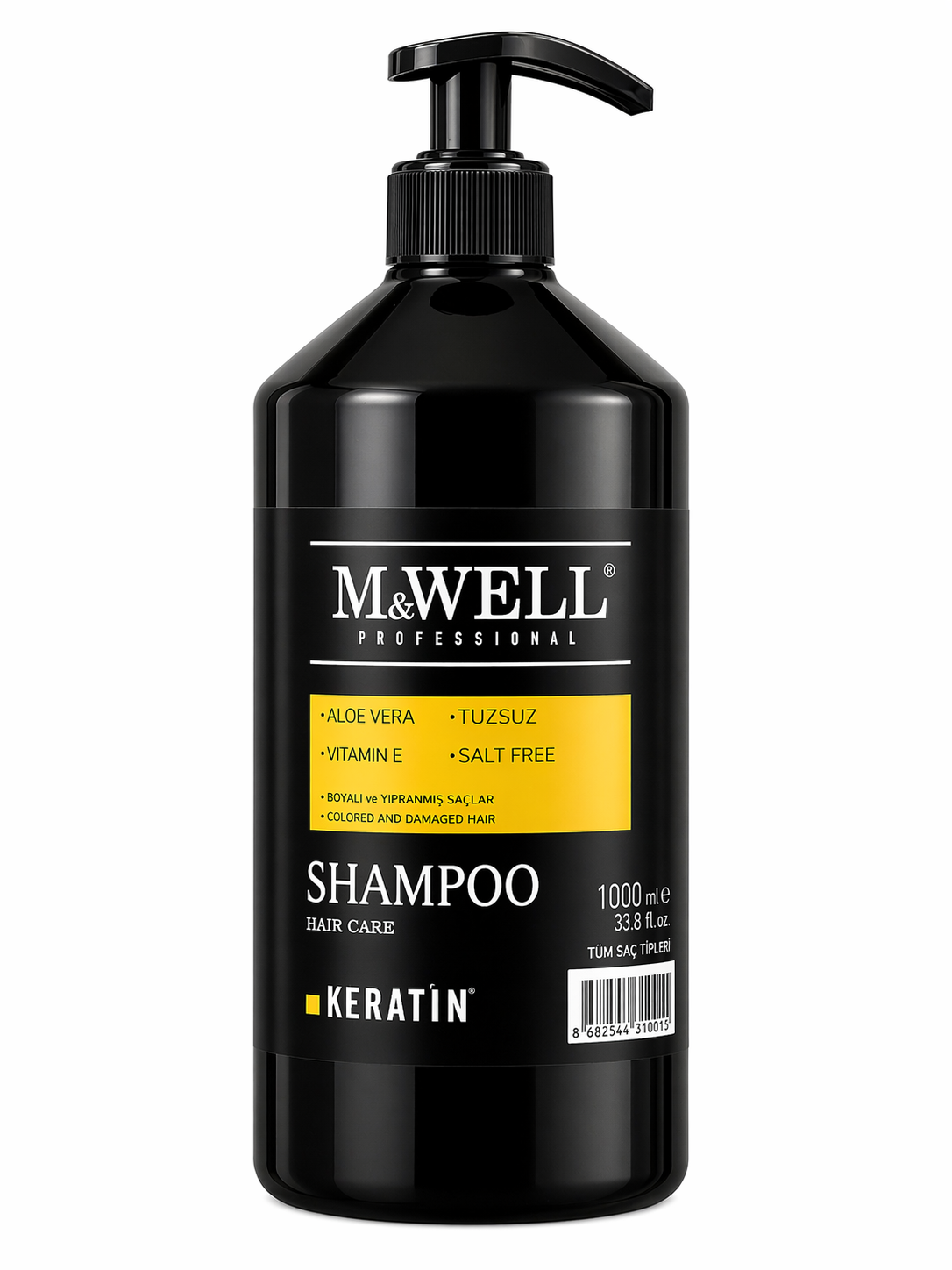M&WELL Keratin Şampuan 1000 ml Tuzsuz Profesyonel Saç Bakım Şampuanı Aloe Vera & Vitamin E